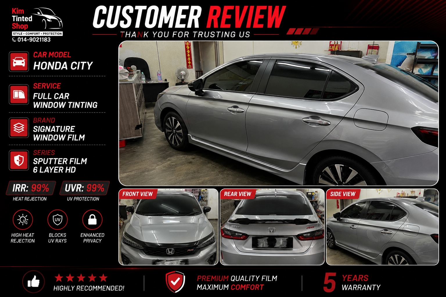 Customer review — Honda City, full car window tinting